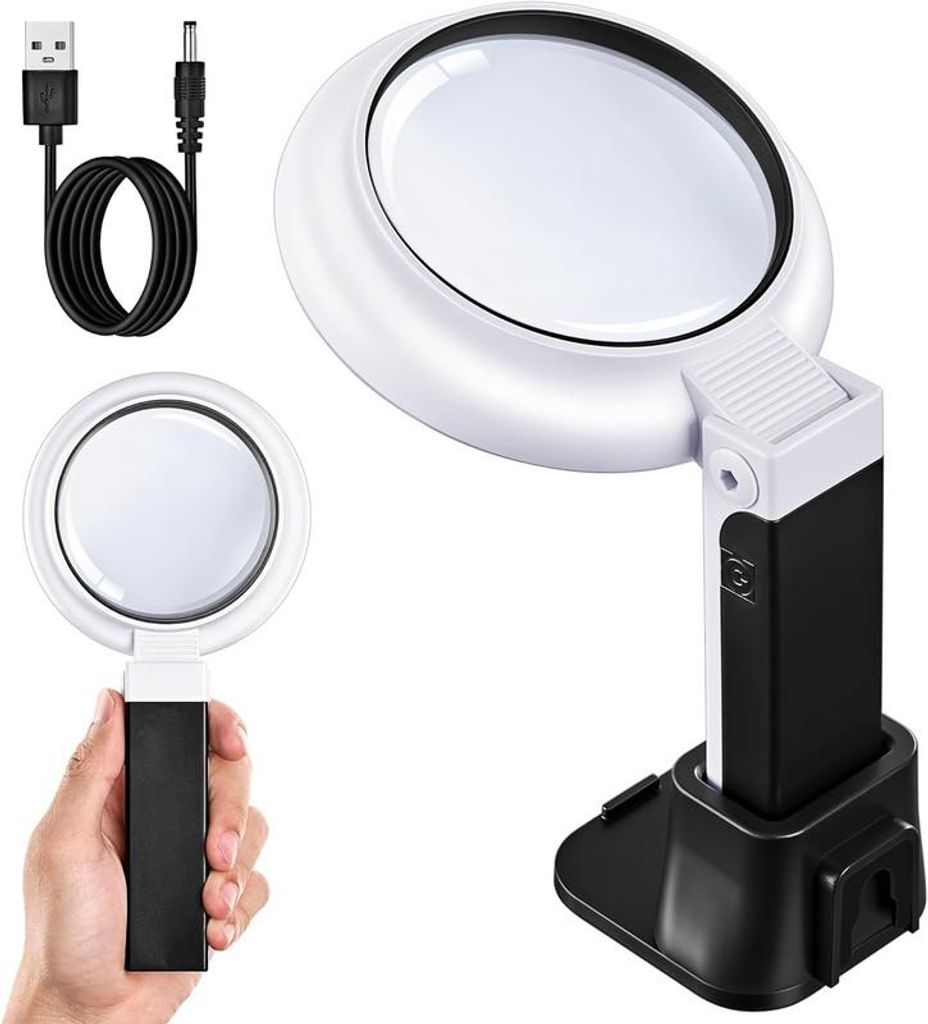 Lupe mit Licht und Ständer, LED Lupenleuchte mit 3 Modi – 18 LEDs, Klappbar & Standfuß – Für Senioren, Lesen, Handwerk & Schmuck