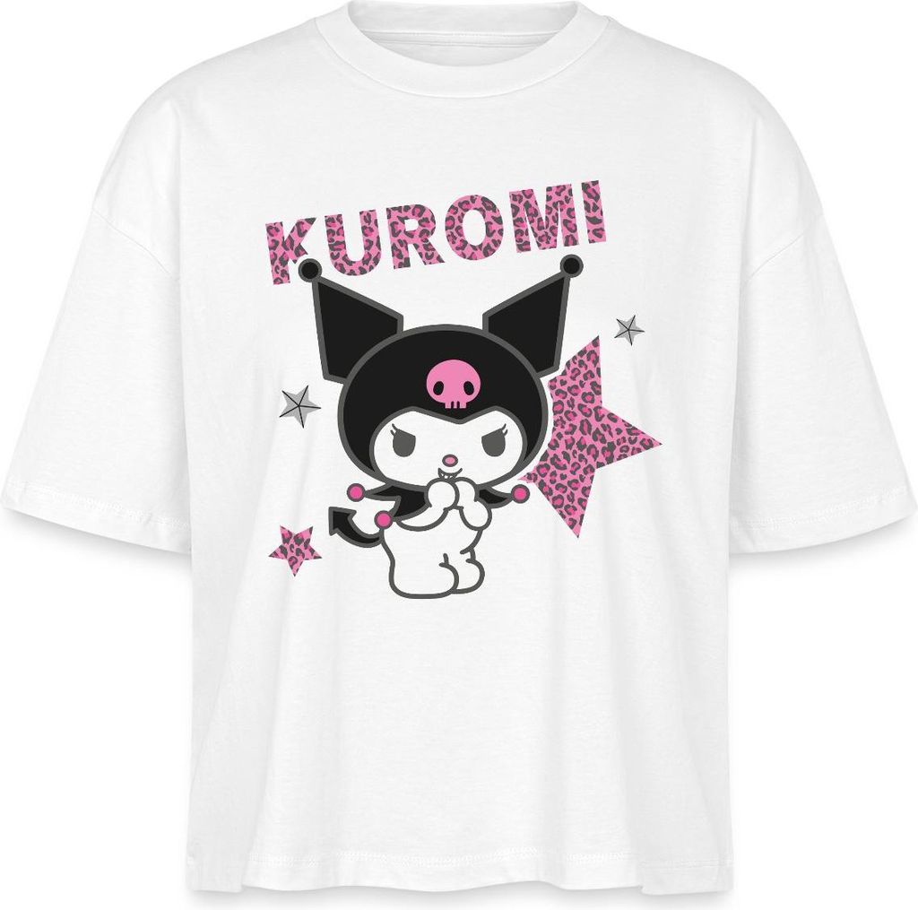 Spreadshirt Kuromi Mit Schriftzug Leo Stil Boxy Shirt Damen, L, Weiß