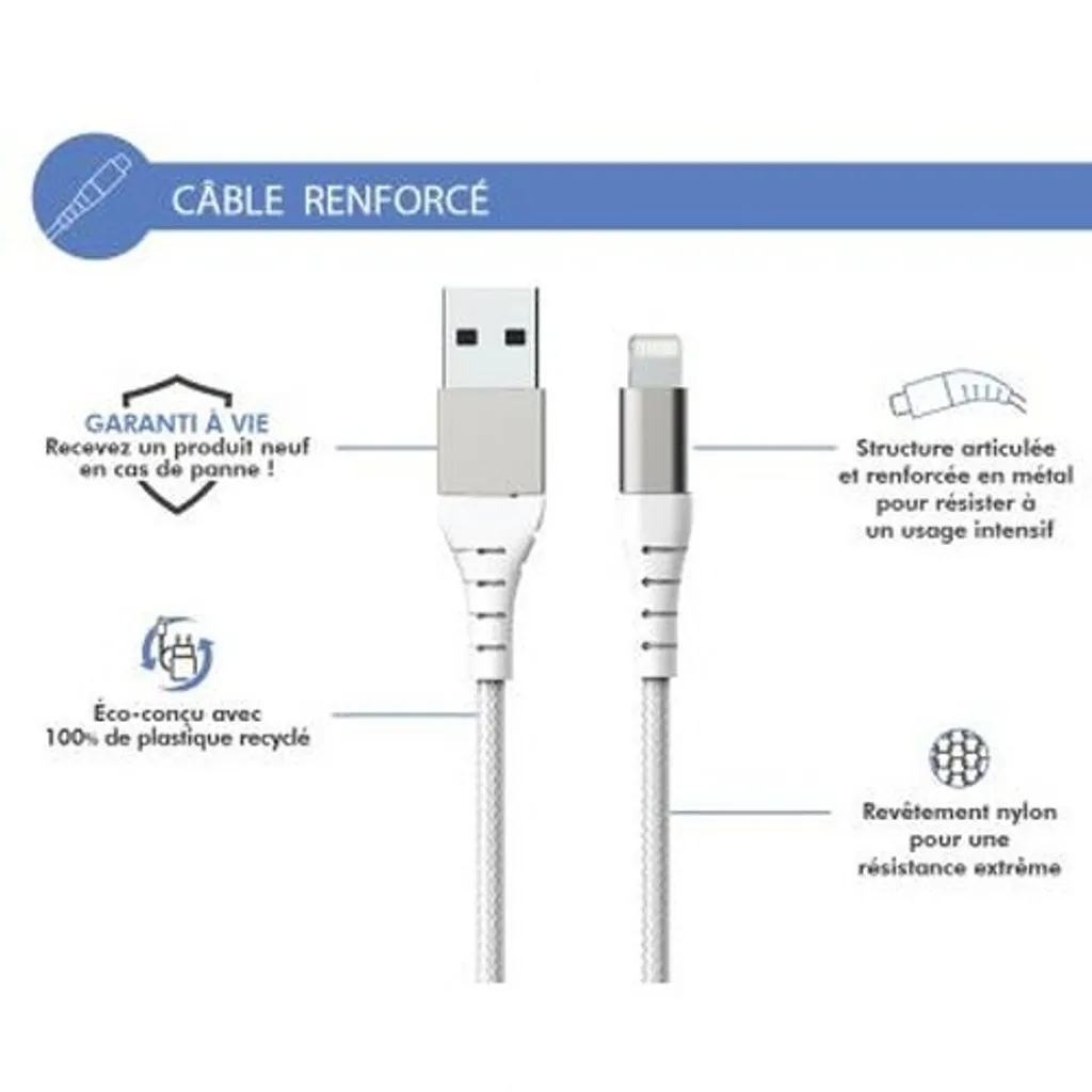 Force Power, Cavo rinforzato USB A / Lightning 2,4A con 12.000 curve MFi 1,2 m, bianco