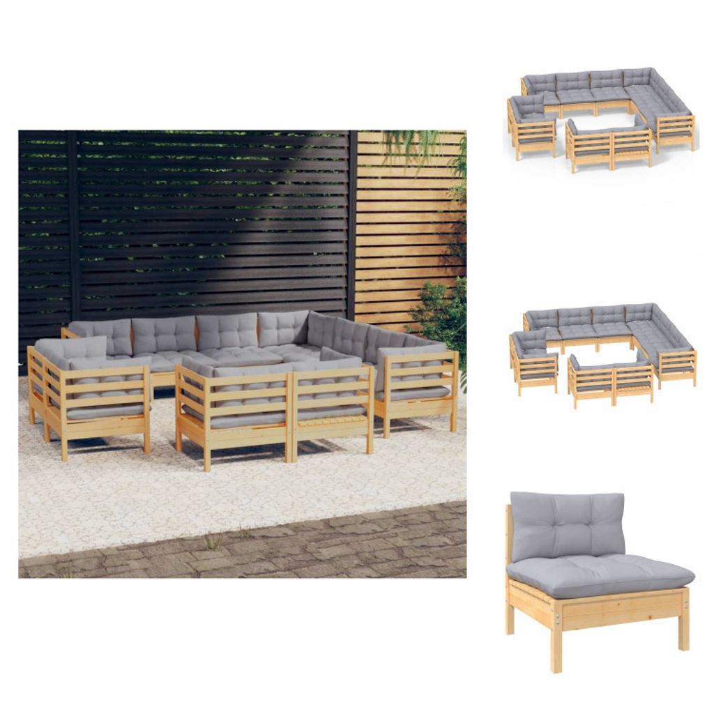vidaXL 11-tlg. Garten-Lounge-Set mit Grauen Kissen Massivholz Kiefer - Gartenmöbel-Sets