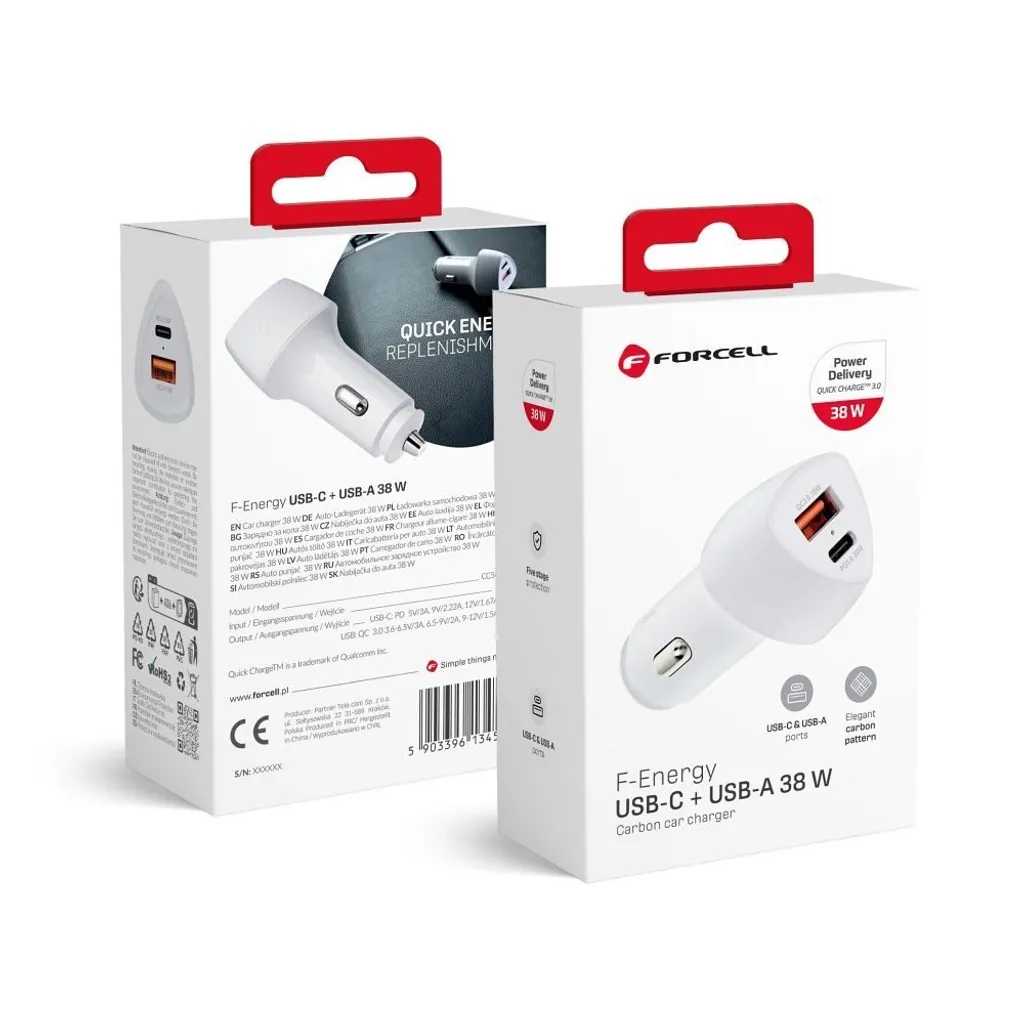 Caricabatterie Auto Forcell 38W: Due Porte USB-C e USB-A Fast Charge