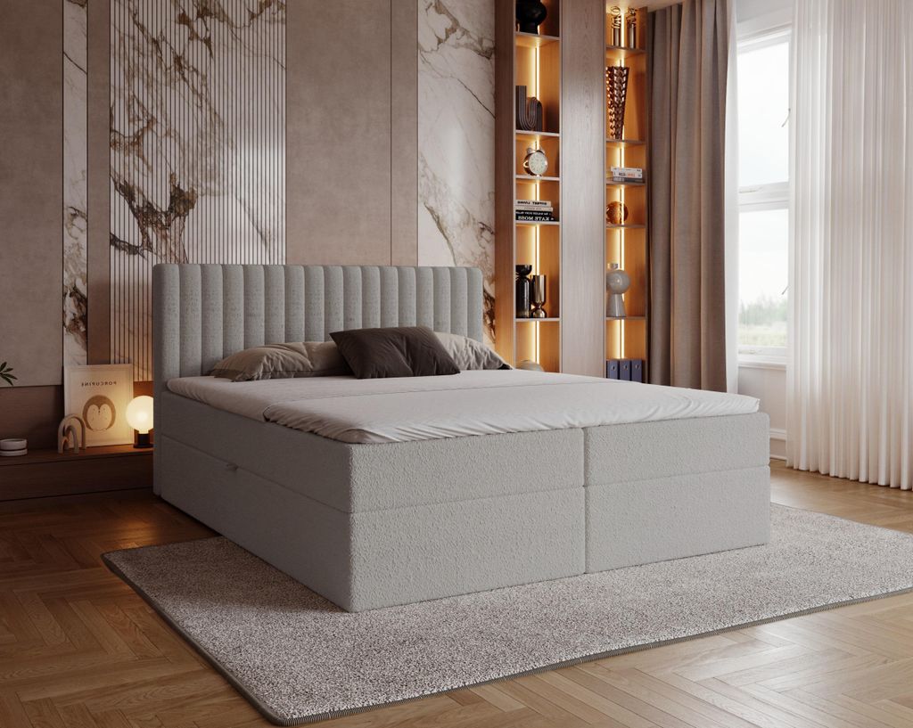 Boxspringbett Bouclé 140x200 cm Daliro mit Bettkasten - Bonell-Matratze, Topper - Doppelbett, Bouclé Hellgrau