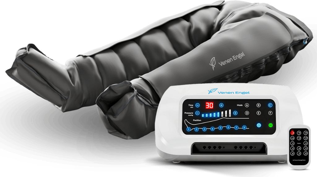 A medical compression device for legs and a control unit are shown on a white background.