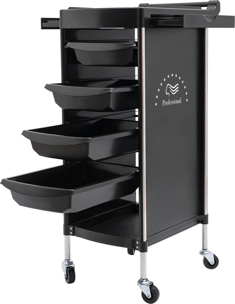 Salonwagen - Friseurwagen 6‐stufig - Mit Rollen - 36×37×85 cm - Traglast 50 kg - PP & Edelstahl - Schwarz