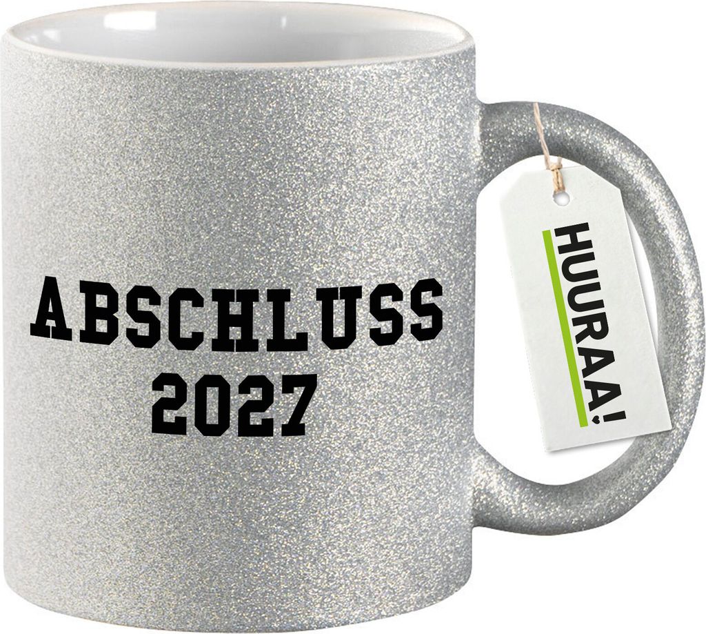 Huuraa Glitzertasse Abschluss 2027 Schulabschluss 330ml Silber Keramik Kaffeebecher Geschenkidee