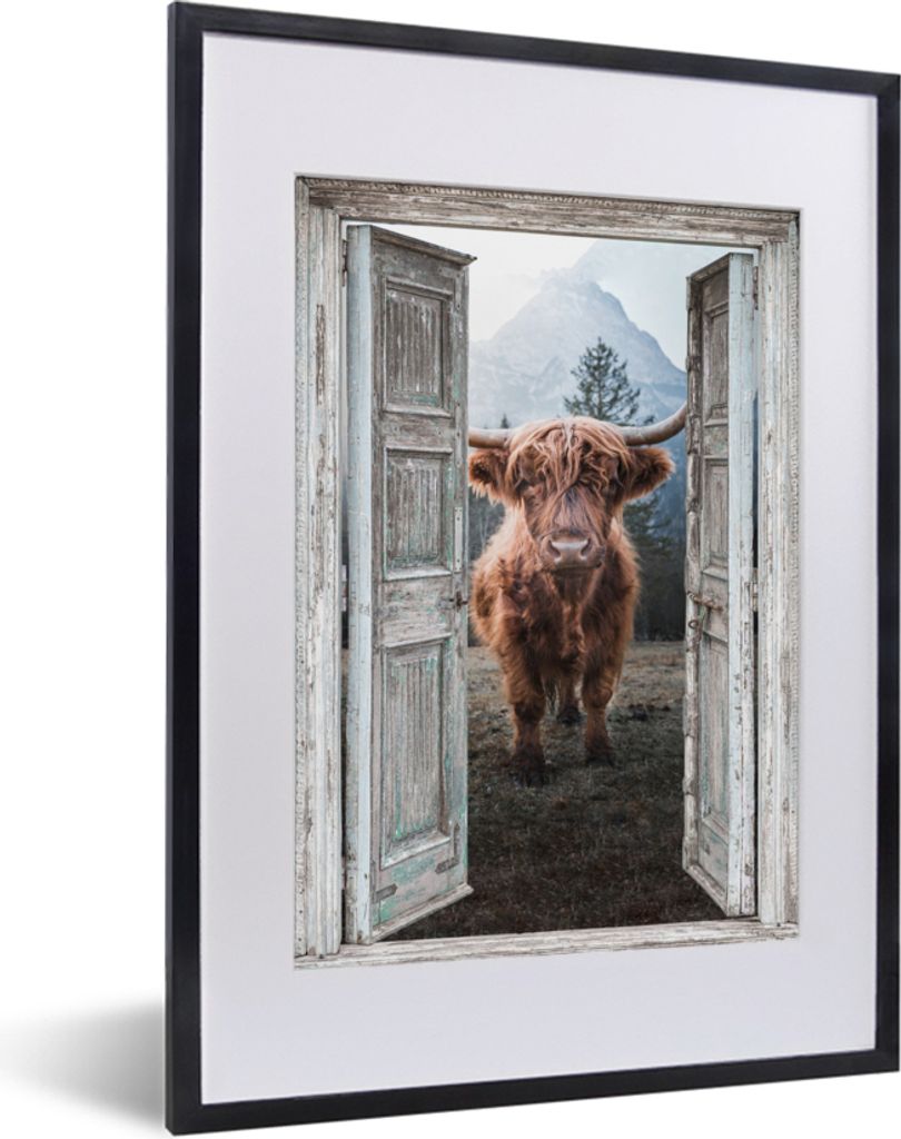 MuchoWow Gerahmtes Poster Schottischer Highlander - Kuh - Ländlich - Ansicht 30x40 cm - Poster mit Schwarzem Bilderrahmen Wandposter Rahmen Foto...