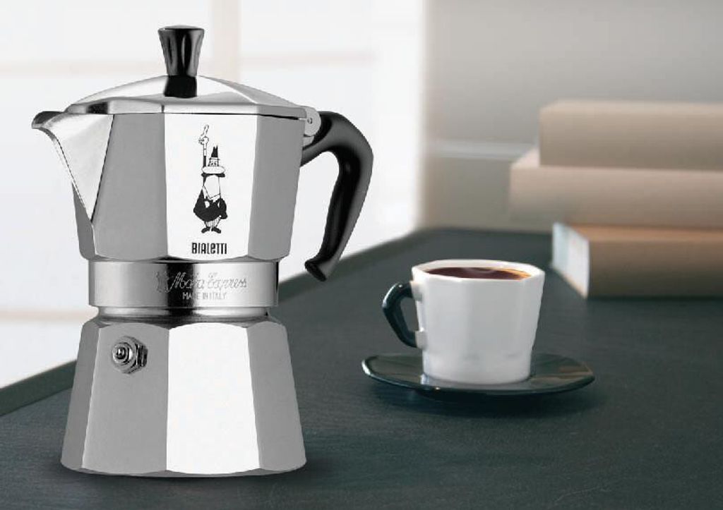 Bialetti Moka Express 1 Tasse Aluminium Kaffeemaschine Ventil Easy-Clean Design achteckig