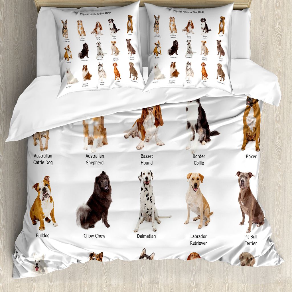 ABAKUHAUS Hund Bettbezug, Welpen Rassen Familie, Milbensicher Allergiker geeignet mit Kissenbezügen, 155 cm x 220 cm - 80 x 80 cm, Mehrfarbig