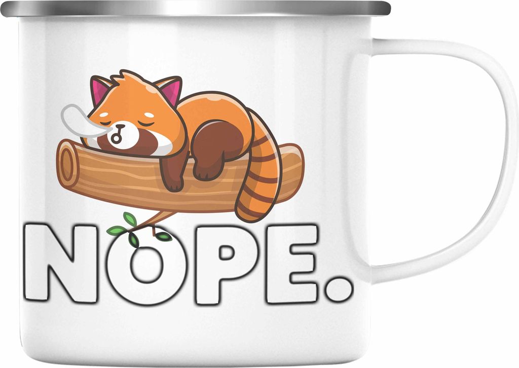 Trendation - Fauler Roter Panda Emaille Tasse Musik Kinder Geschenkidee für Jungs Mädchen Lustige Grafik Nope (Silber)