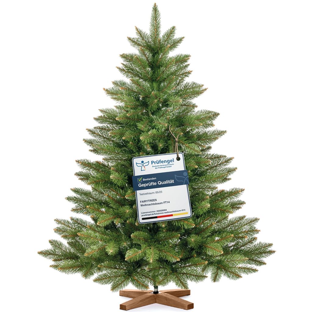 FairyTrees Weihnachtsbaum künstlich 120cm NORDMANNTANNE mit Christbaum Holzständer | Tannenbaum künstlich mit grünem Stamm | EU