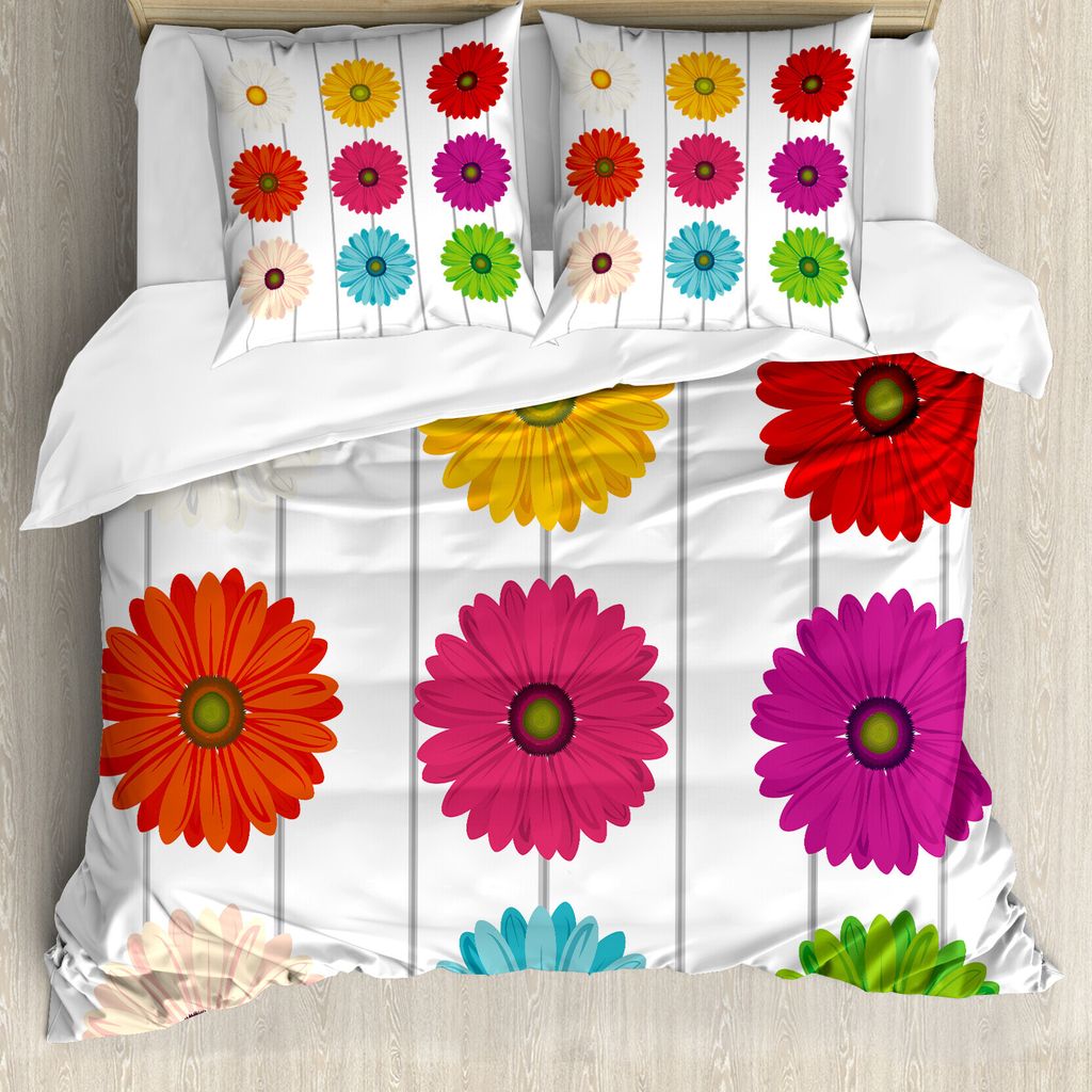 ABAKUHAUS Gerber Daisy Bettbezug Set für Einzelbetten, Vivid Petals auf Streifen, Milbensicher Allergiker geeignet mit Kissenbezug, 155 cm x 220 c...
