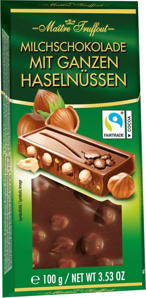 Maitre Truffout Milchschokolade mit ganzen Haselnüssen 100g Produktbild 