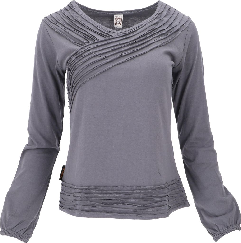 Langarmshirt Boho Style, Einfarbiges Shirt mit Pluderärmeln - Grau, Damen, Baumwolle, Größe: L