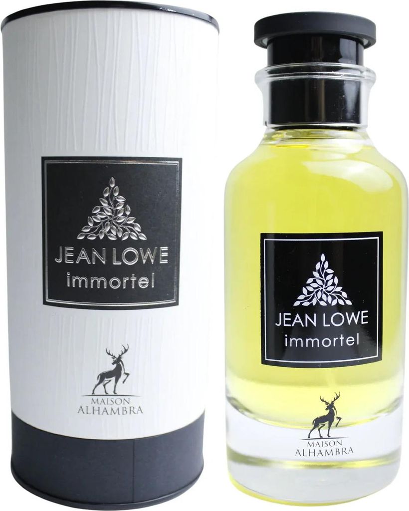 A perfume bottle and its cylindrical packaging are displayed side-by-side against a white background.