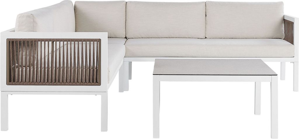 BELIANI Lounge Set Weiß und Braun Aluminium Flechtseil mit Kissen Beige Couchtisch Sicherheitsglas 4-Sitzer Ecksofa Linksseitig Terrasse Outdoor M...