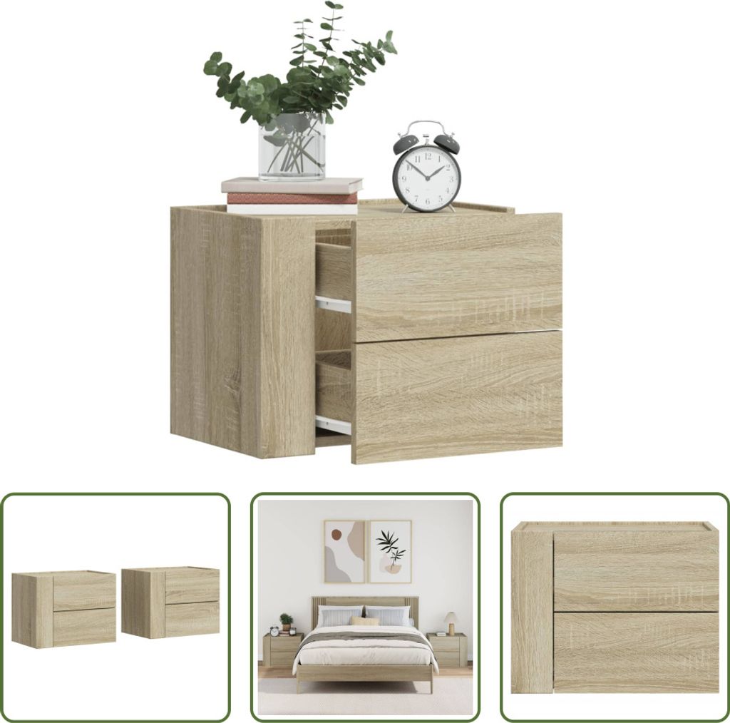 The Living Store Wand-Nachttische 2 Stk. Sonoma-Eiche 45x30x35 cm