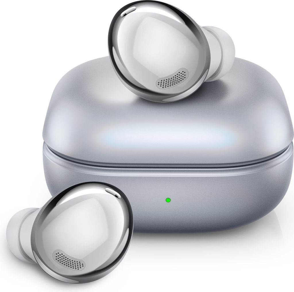 A pair of silver wireless earbuds and their charging case are displayed on a white background.