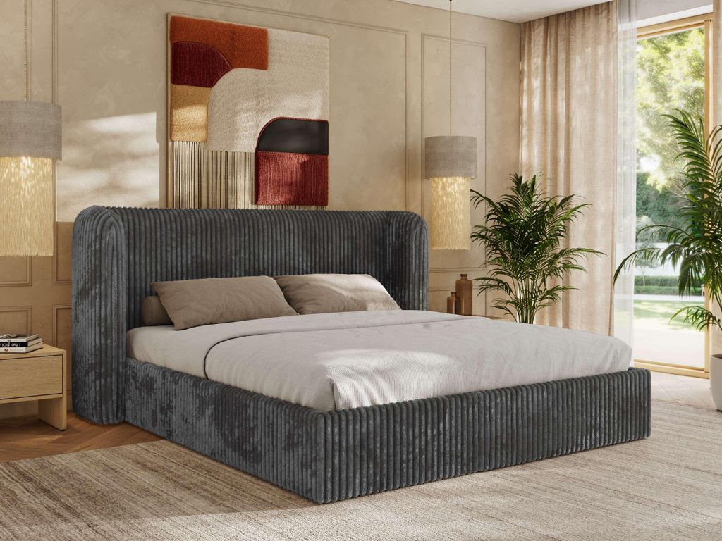 MKS MEBLE Doppelbett Polsterbett EMORA CLASSIC Bett Holzgestell hohes Kopfteil Pocket Matratze VIRE LUX 200x200 Grau Cord