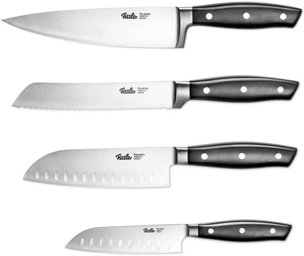 Fissler Messer-Set Profi Santoku Messer 13cm+16cm&Brotmesser 18cm+ Kochmesser 19cm 4 Tlg rostfrei,vernietete Griffe, Spülmaschinenfest, Gemüsemesser