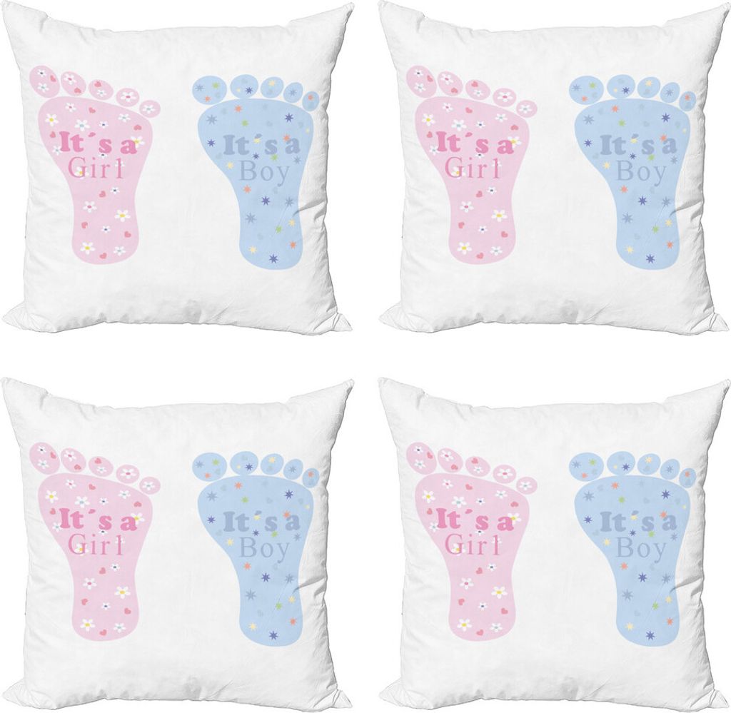 ABAKUHAUS Geschlecht decken Kissenbezug Set (4 Stück), Abdrücke Blooms, Moderner Doppelseitiger Digitaldruck, 40 cm x 40 cm, Hellblau und Rosa