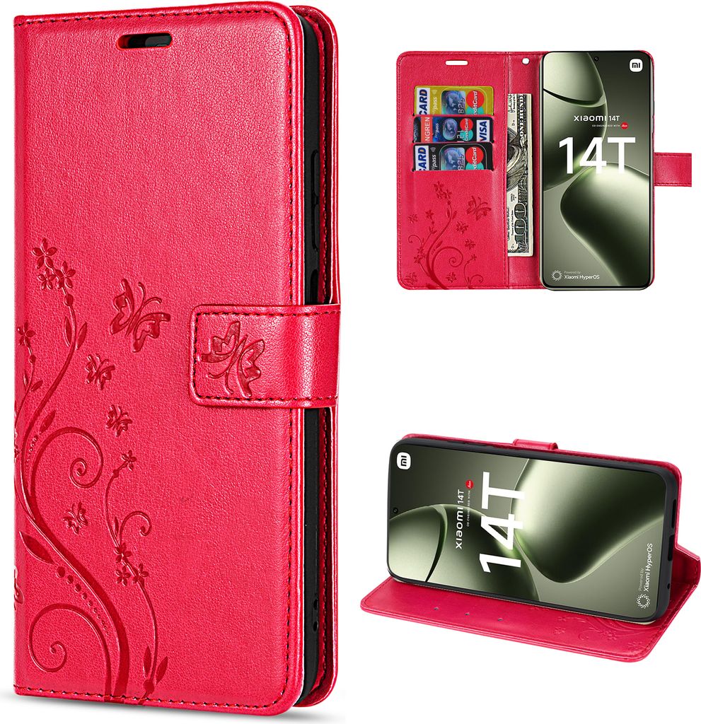 Hülle Xiaomi 14T, Handy Tasche Handyhülle Wallet Case Flip Cover Klapphülle Rot