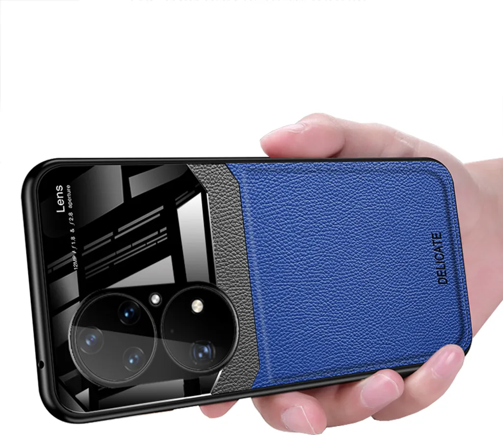 Huawei P50 Custodia, Hybrid TPU Bumper, antiscivolo, custodia in pelle con texture Litchi e protezione in vetro per Huawei P50 blu