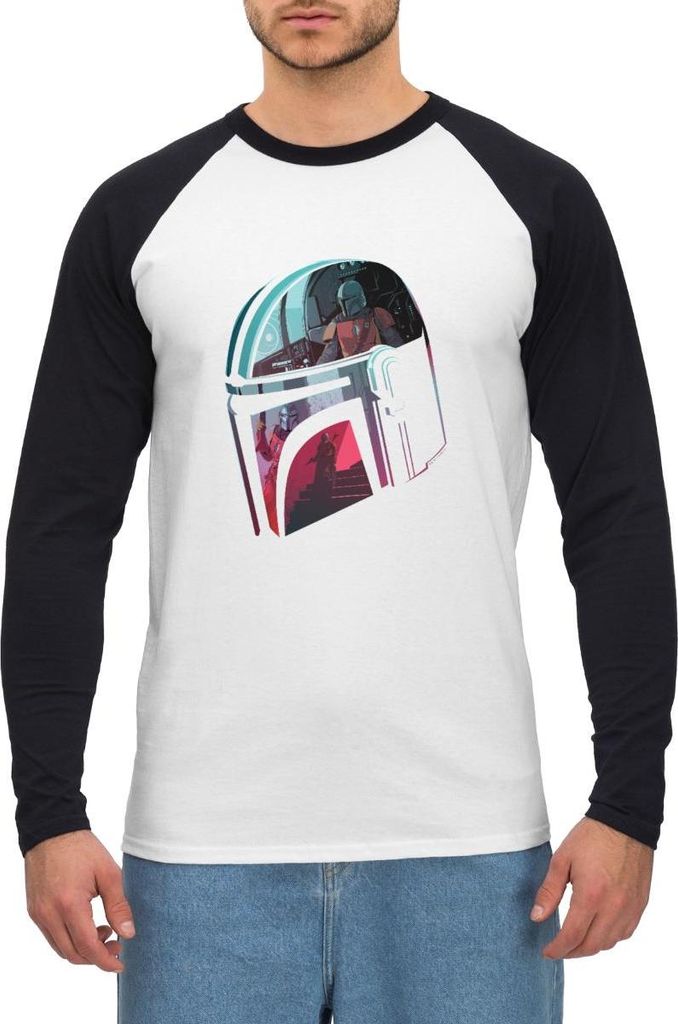 Star Wars: Mandalorian Verspiegelter Helm Baseball Langarmshirt Herren, XXL, Weiß/Schwarz
