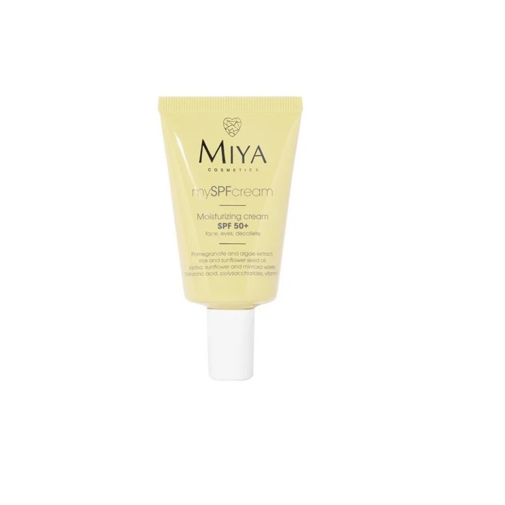 A tube of cosmetic cream with SPF 50+ on a white background.