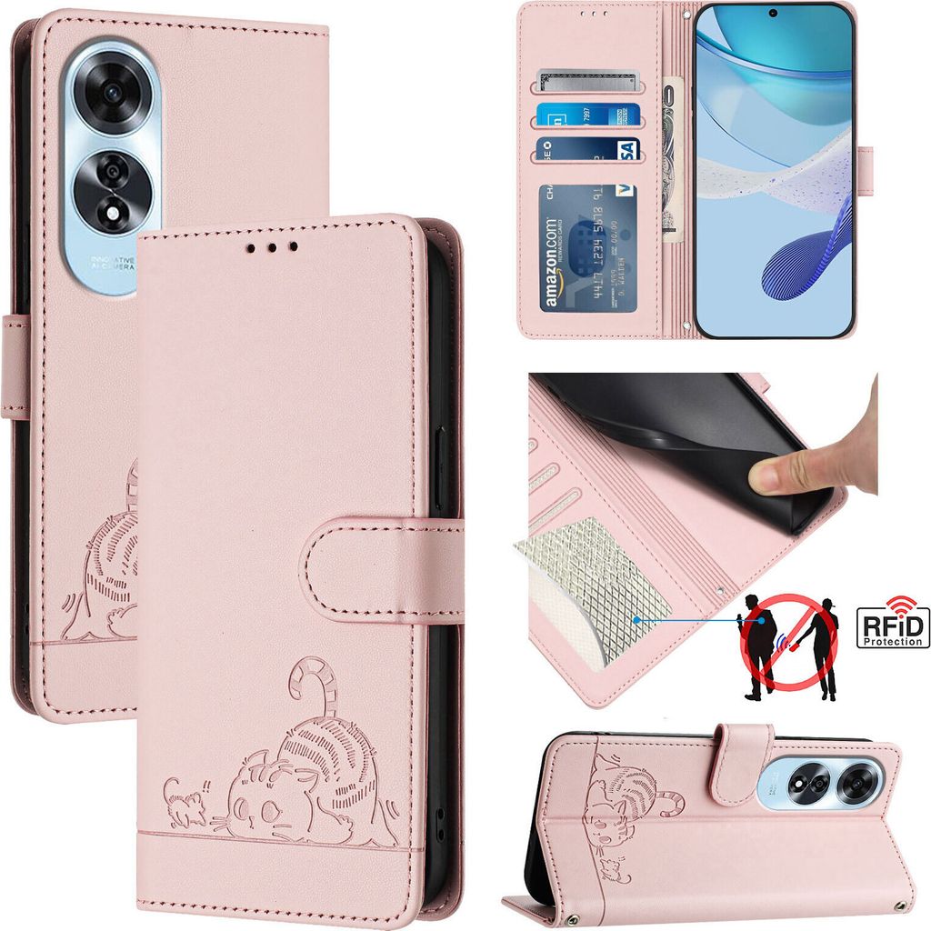 Leder Hülle für Oppo A60 Süße Katze Flip Case Brieftasche Schutzhülle mit Standfunktion Pink