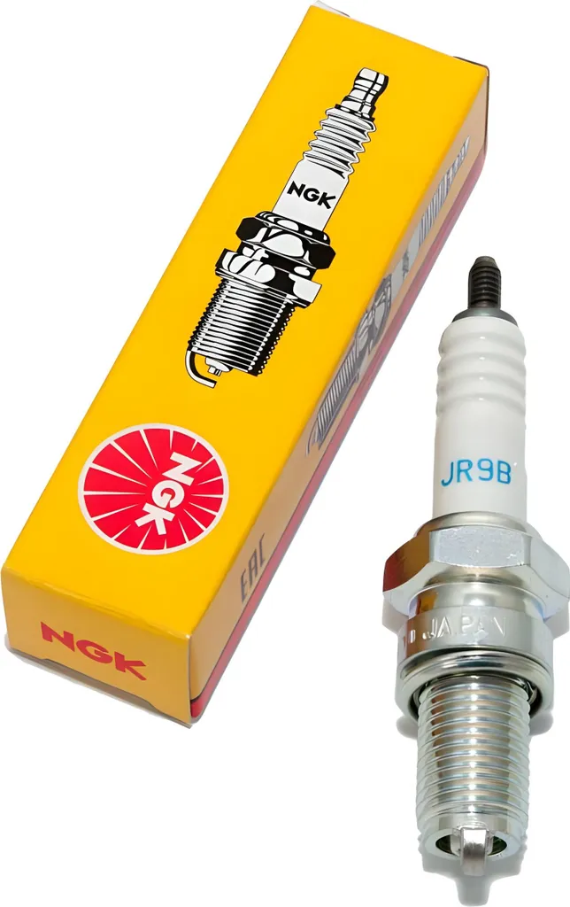 Set di candele di accensione NGK 2x JR9B con soppressione delle interferenze, filettatura lunga 19,0 mm Ø 12,0 mm esagono 18,0 mm, distanza tra gli elettrodi 0,75 mm, potere calorifico 9, dado di collegamento SAE fisso, 3188 / 4297