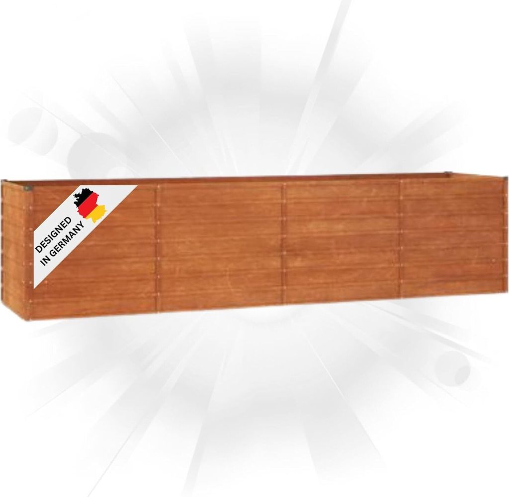 A long, rectangular wooden planter box is shown against a white and gray background with radiating lines.