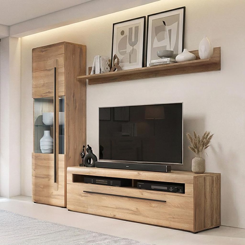 Wohnwand 3-teilig in Eiche mit 160 cm Lowboard, Wandboard & Vitrine inkl. Beleuchtung - TURDA-83