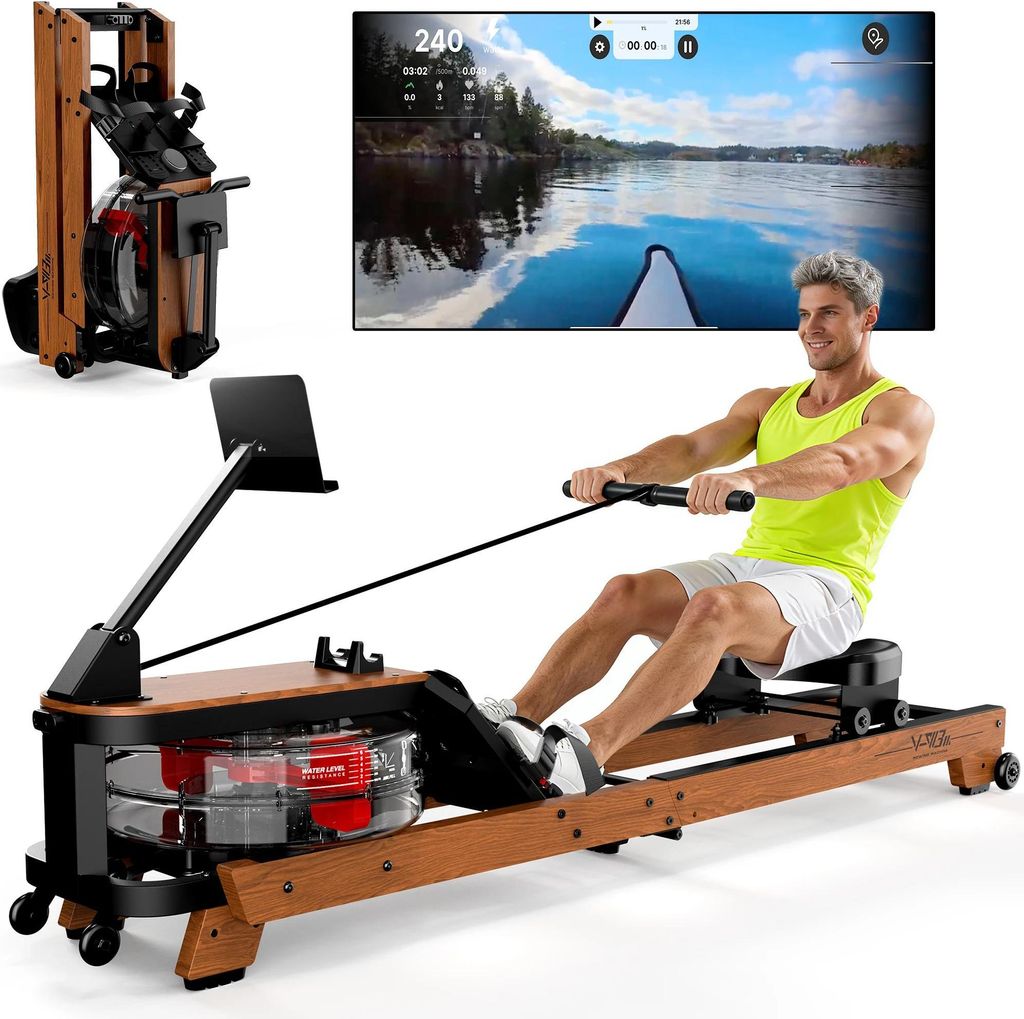 Rudergerät für Zuhause - Wasser-Rudergerät - Eiche - Bluetooth - Display - Verstellbarer Widerstand - Klappbar - Max. 175 kg