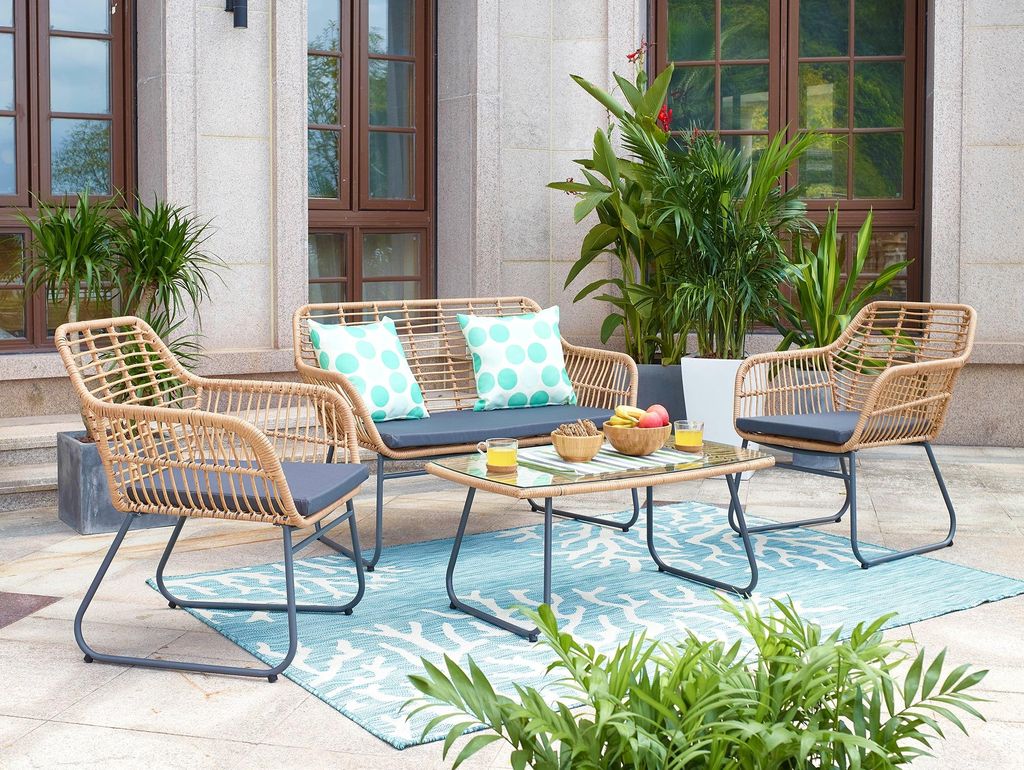 SIT Möbel Outdoor-Sitzgruppe | 2 Stühle, 2 Sitzkissen, 1 Bank, 1 Bankauflage, 1 Couchtisch | Tischplatte Glas | 19001-45 | Serie GARTEN