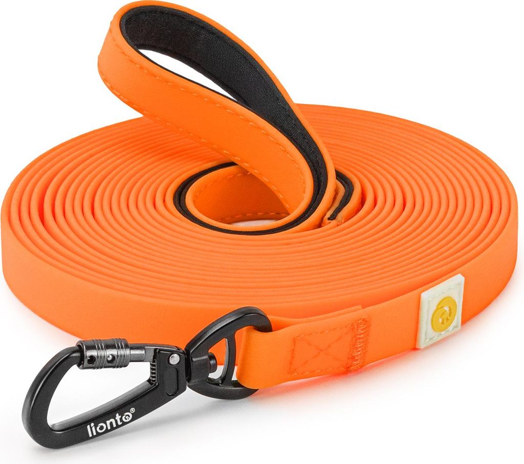 lionto Schleppleine für Hunde 10 m, strapazierfähig & wasserdicht mit weicher Neopren-Handschlaufe und Drehkarabiner, orange