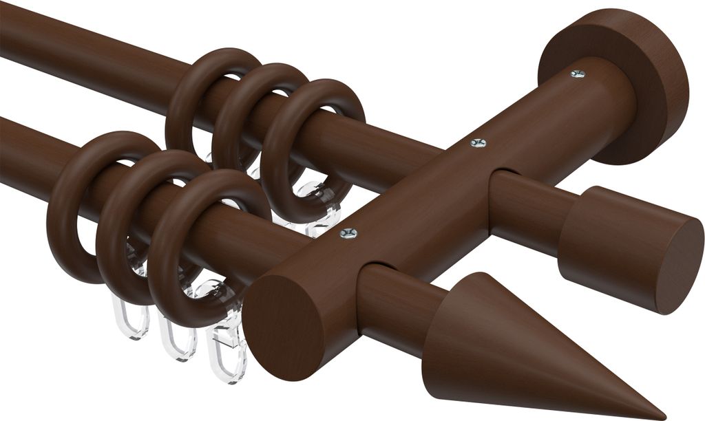 Interdeco Gardinenstange / Vorhangstange Nussbaum lackiert, Typ Talena Siveo (Kegel), 20 mm Ø 2-läufig, 120 cm