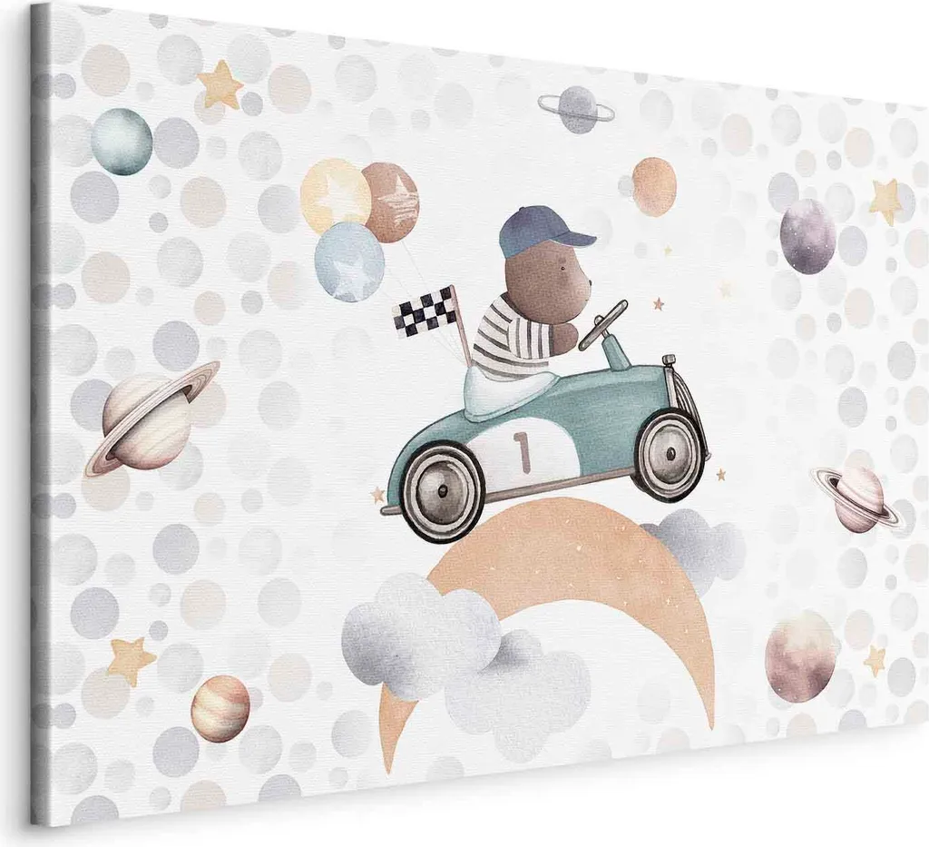 Italienischer Leinwand Leinwandbild - Gare galattiche - Un orso che partecipa a gare automobilistiche tra pianeti nuvole e stelle in tinte pastello 60x40 cm Für Kinder e-C-10064-b-a