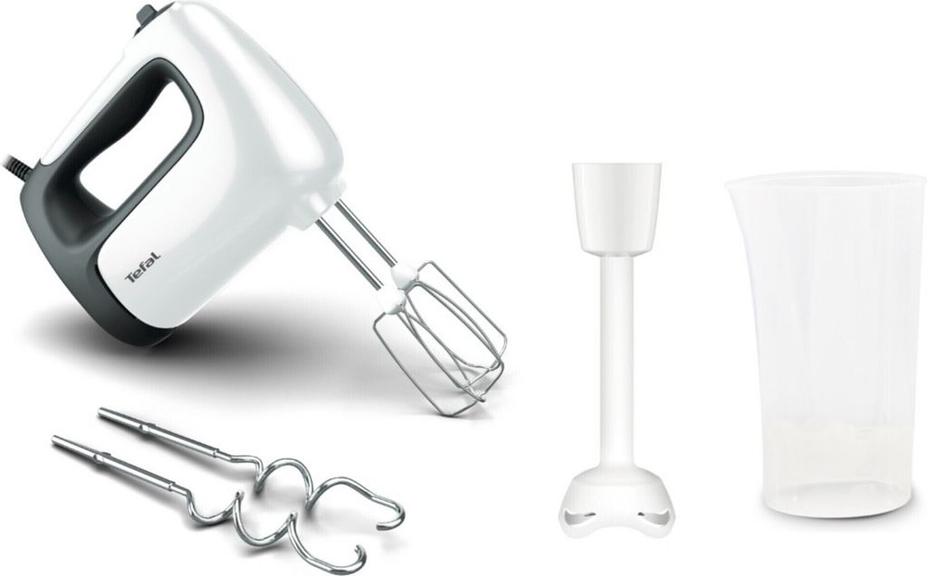 A collection of kitchen appliances, including a hand mixer, beaters, and a blending attachment, arranged against a white background.