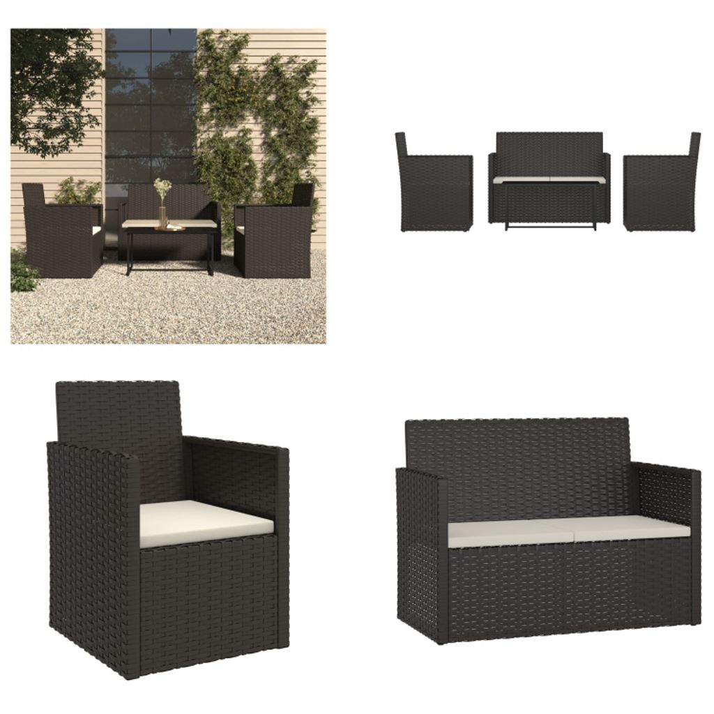 vidaXL 4 tlg. Garten Lounge Set mit Kissen Poly Rattan Schwarz - Garten-Lounge-Set - Garten-Lounge-Sets - Outdoor-Lounge-Set - Terrassen-Lounge-Set