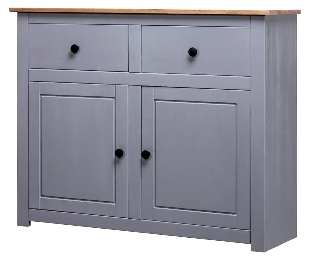 Sideboard aus massivem Kiefernholz mit 2 Schubladen und 2 Türen, grau, 93x40x80cm