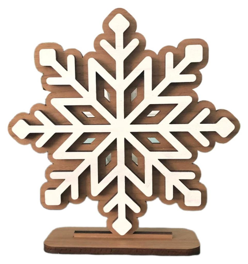 Weihnachtsbaumschmuck aus Holz, Schneeflocke, doppellagig, 3D-Design, sechseckige Form, mit stabilem Sockel, Tischdekoration A
