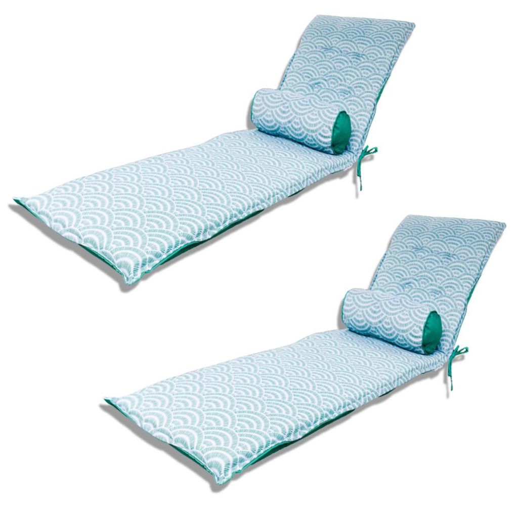 Lot 2 Coussins Chaise Longue 195x60 Motif Éventails Verts + 2 Traversins - Anti-UV
