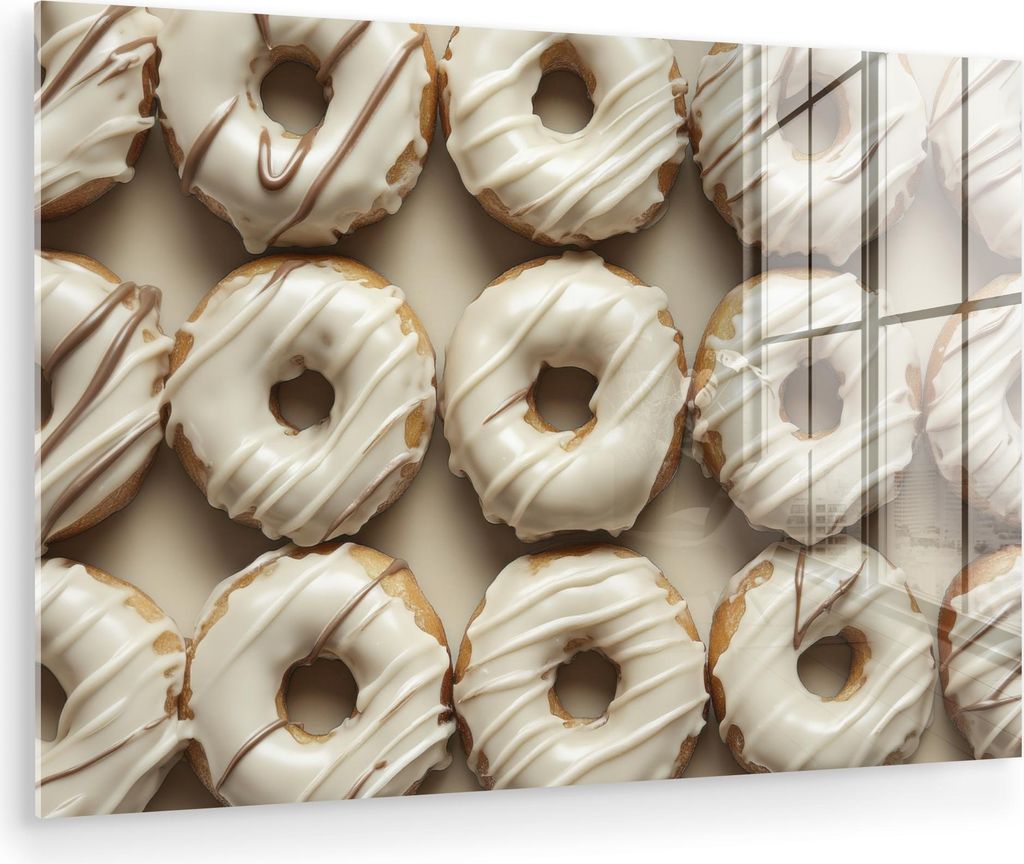 MuchoWow Glasbilder - Bilder auf Wandbild - Foto auf Glas Donuts - Schokolade - Weiß - Beige 120x80 cm Wanddekoration aus Glas - Acrylglasbild - A...