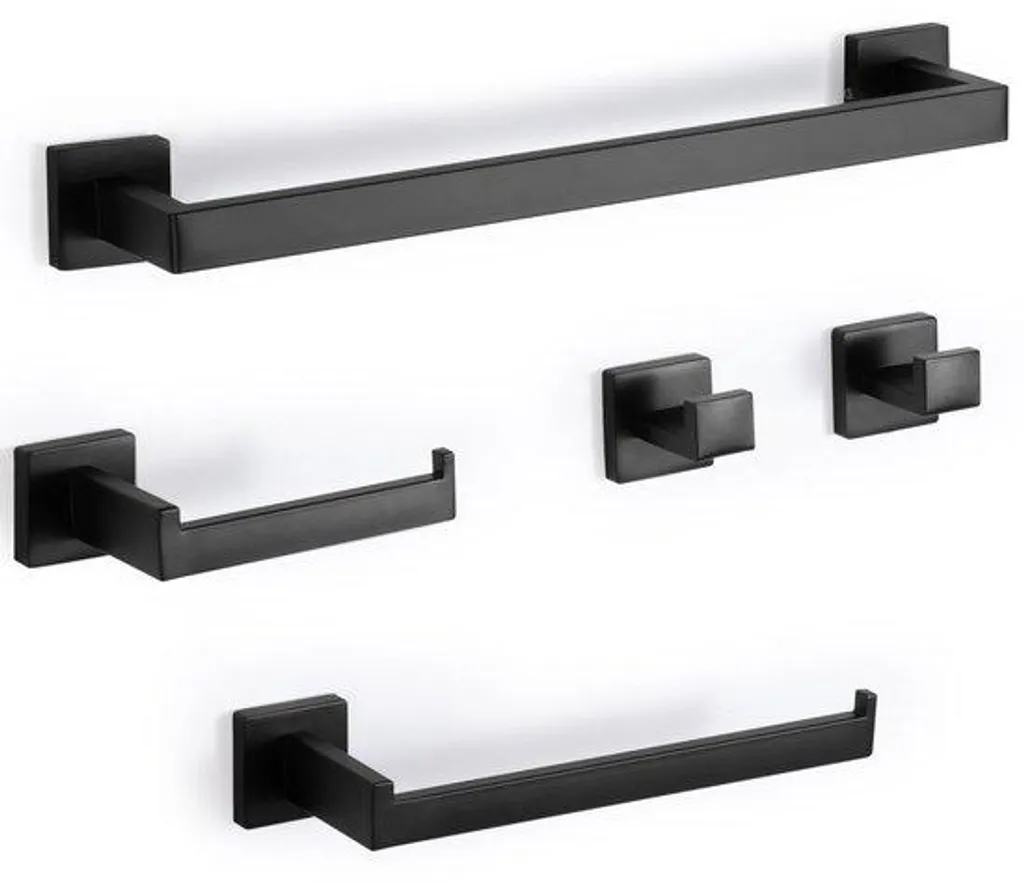 Kit salle de bain anti-rouille inox noir perforé 43cm 5 pièces sans trace