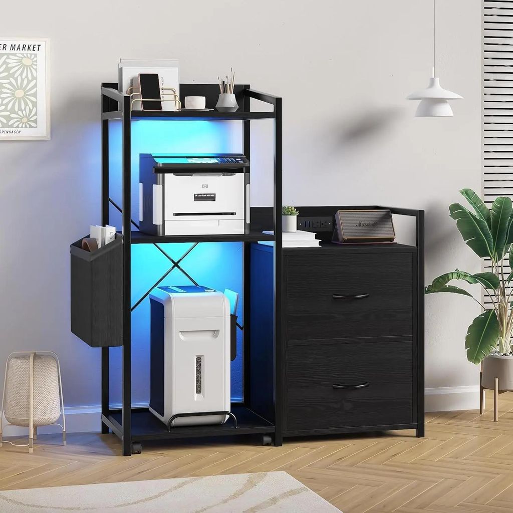 Druckertisch mit Aktenschrank - Druckerständer - 3-stöckiges Regal - LED-Beleuchtung - Ladestation - 2 Schubladen - Ausziehfunktion - Metallrahme...