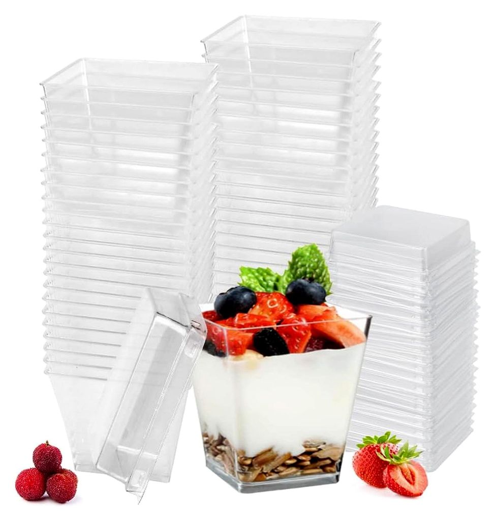 50 Stück Wiederverwendbare Dessertgläser mit Deckel, 7oz/210ml Kunststoff Dessertbecher, Spülmaschinenfest und Bruchsicher, Quadratische Dessert...