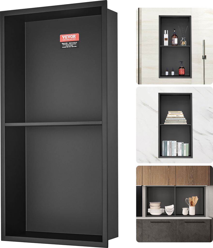 A collage of images showing a black recessed shelf unit in different settings, including a bathroom and a kitchen.