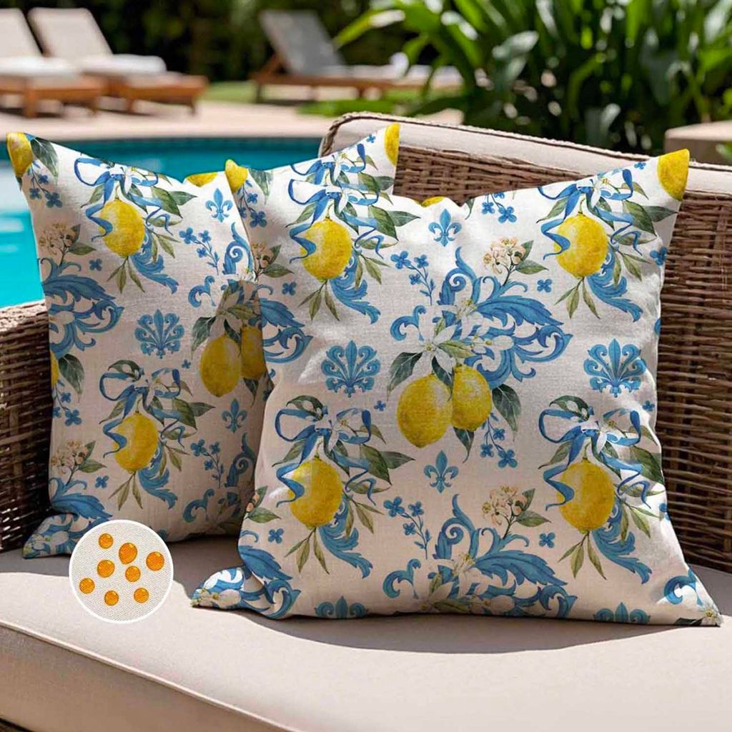 Set mit 2 Kissenbezügen, 40 x 40 cm, wetterfest, blau, gelb, zitronengelb, mit Blumenmuster, Frühling/Sommer, wasserdicht, für Sofa, Garten, Bal...