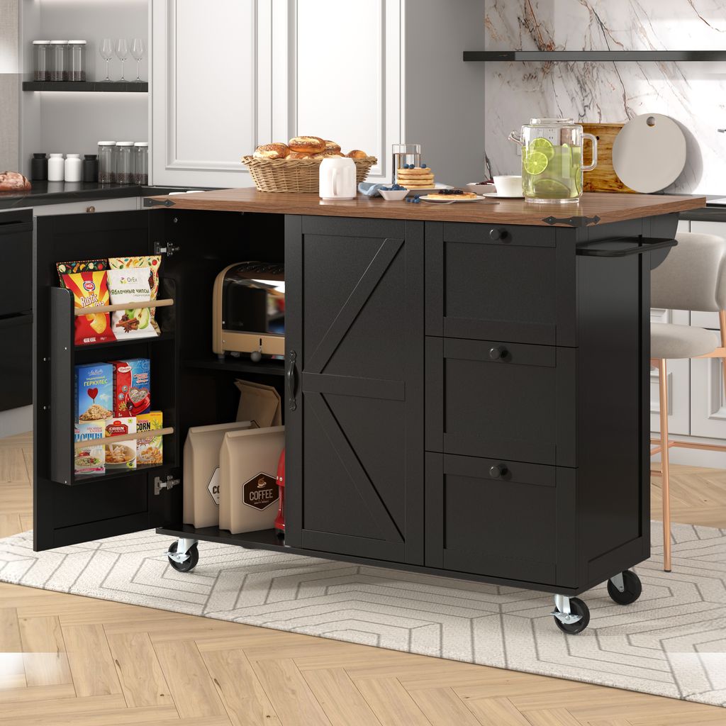 A kitchen island cart with its doors open, displaying various food items and a toaster. The cart has a wooden top and black cabinetry with drawers and a barn-style door.