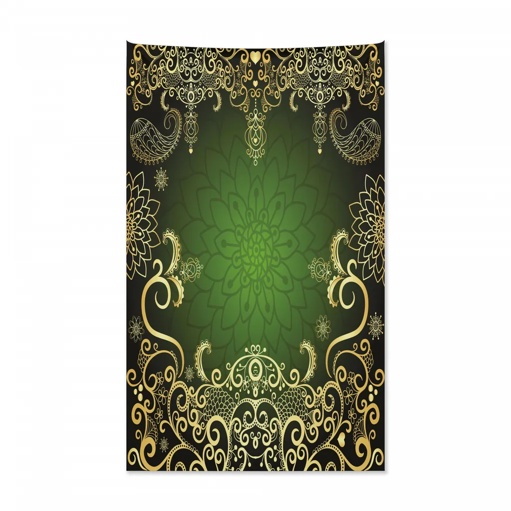 Arazzo e copriletto Mandala Abakuhaus, cornice arabesco con motivo a loto in morbido tessuto microfibra, colori vivaci che non sbiadiscono, lavabile, 140 x 230 cm, giallo chiaro, nero, verde